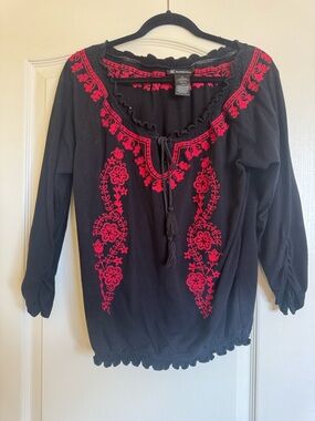 INC Black Embroidered Boho Blouse | Red Floral Detail | Size L | Elevated Casual